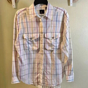 LizWear Sz M Off White Colorful Windowpane Plaid Button Shirt Top 100% Cotton